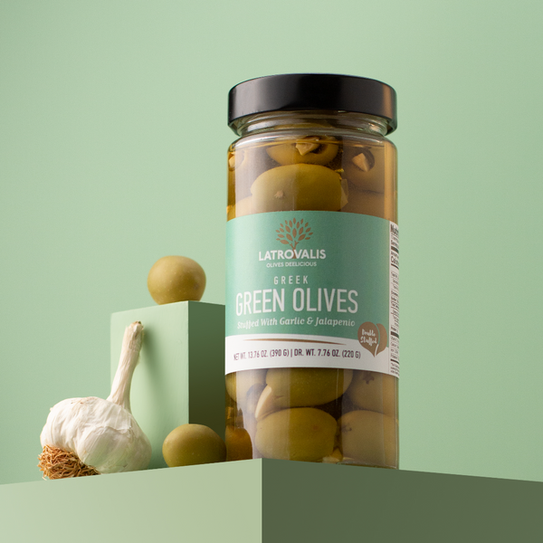 Green Olives Stuffed with Garlic in jars